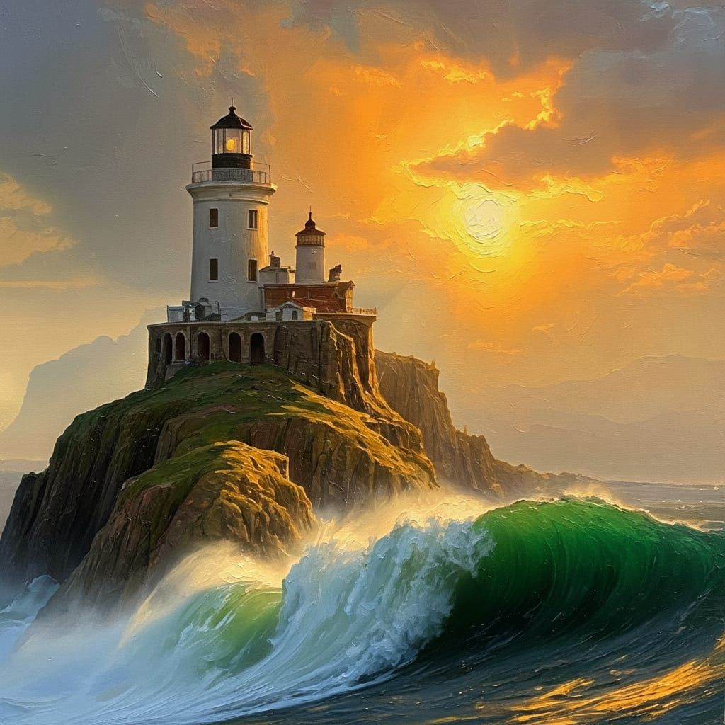 Lighthouse in Storm, Maritime Painting with Volumetric Light...