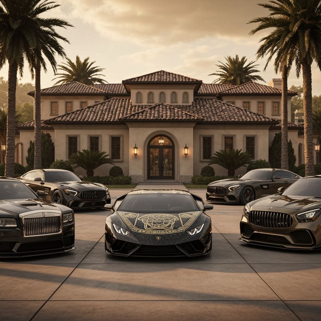 Mediterranean Mansion with Exotic Cars at Golden Hour