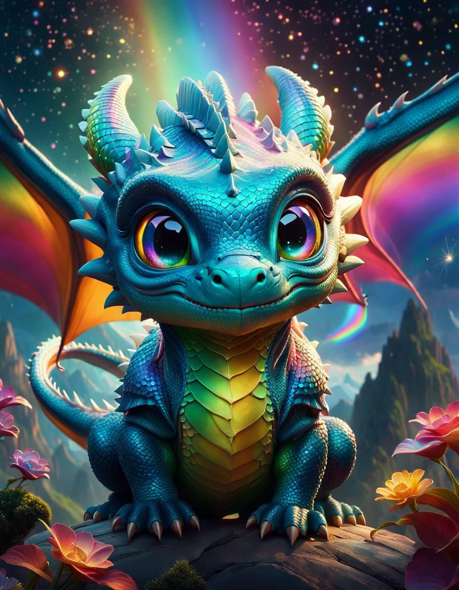 Adorable Dragon in Ethereal Landscape, Epic 3D Artwork