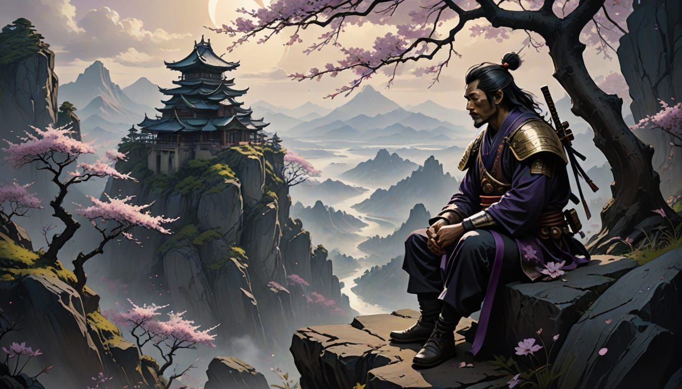 Meditating Samurai Overlooking Misty Mountains in Sumi-e Sty...