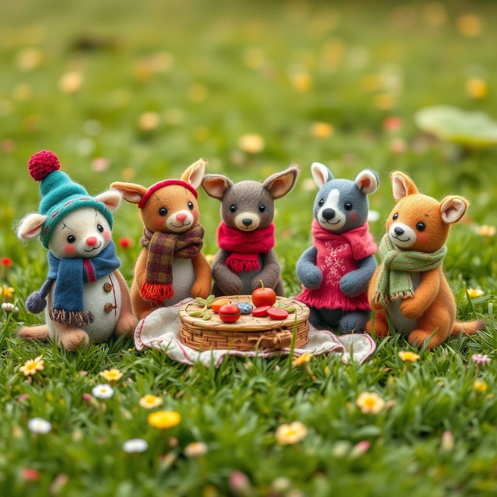 Felted Animal Friends Picnic in Folk Art Style