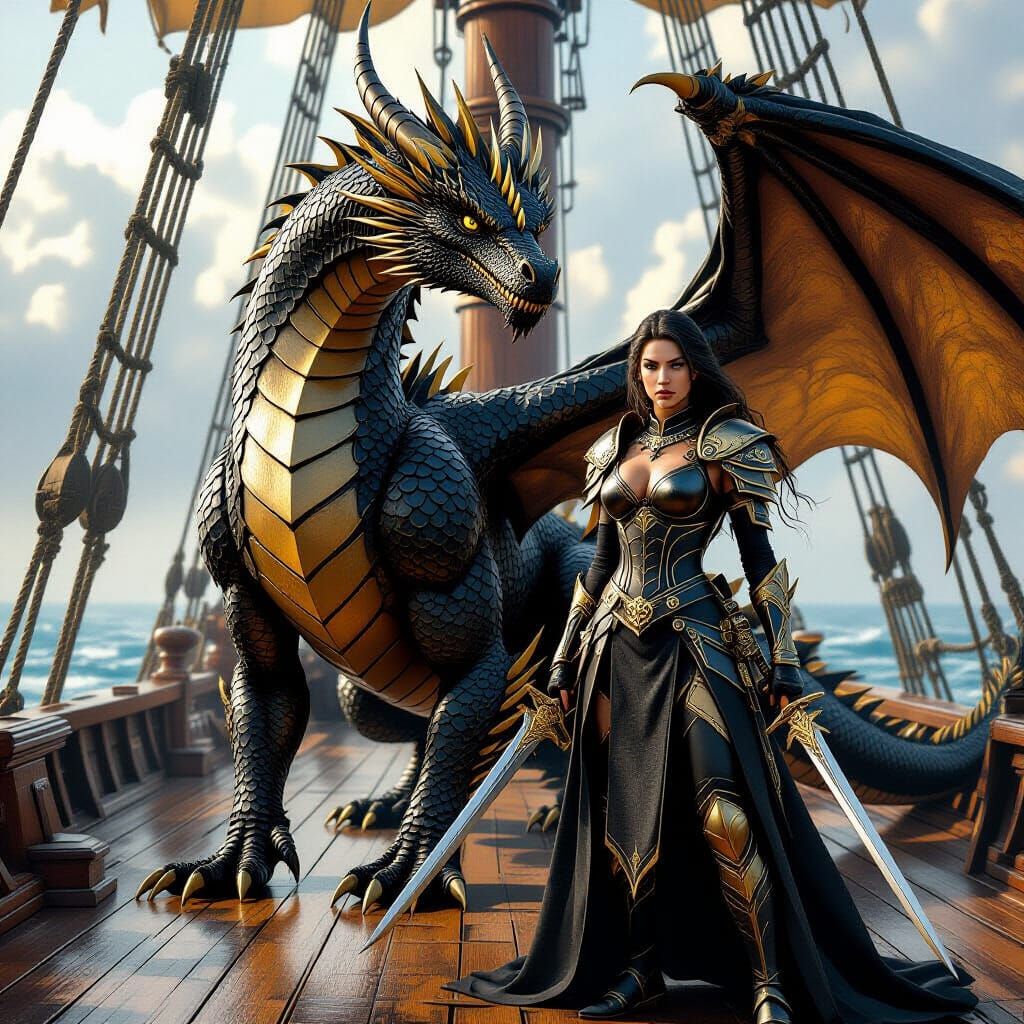 Dragon and Warrior on Ship Deck in Fantasy Art Style