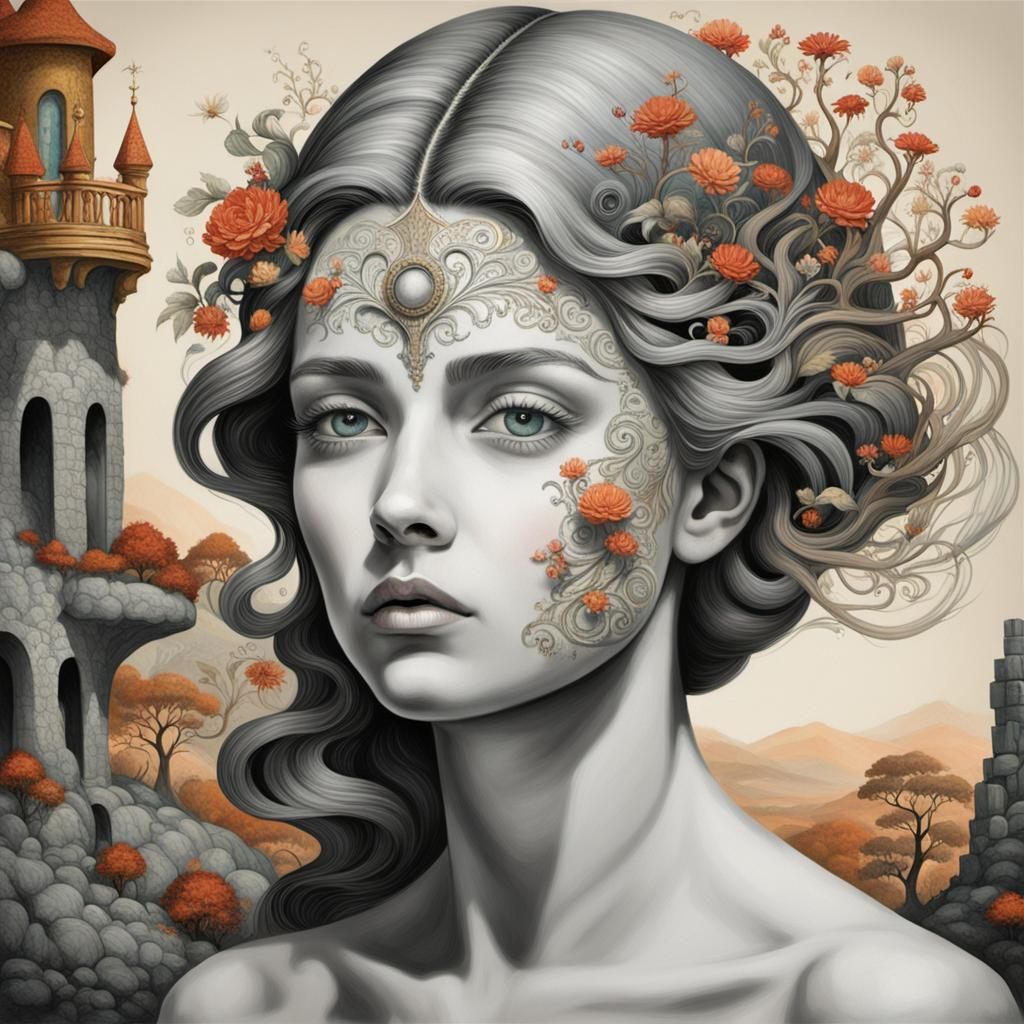 Surreal Woman's Profile Merged with Timeless Landscape