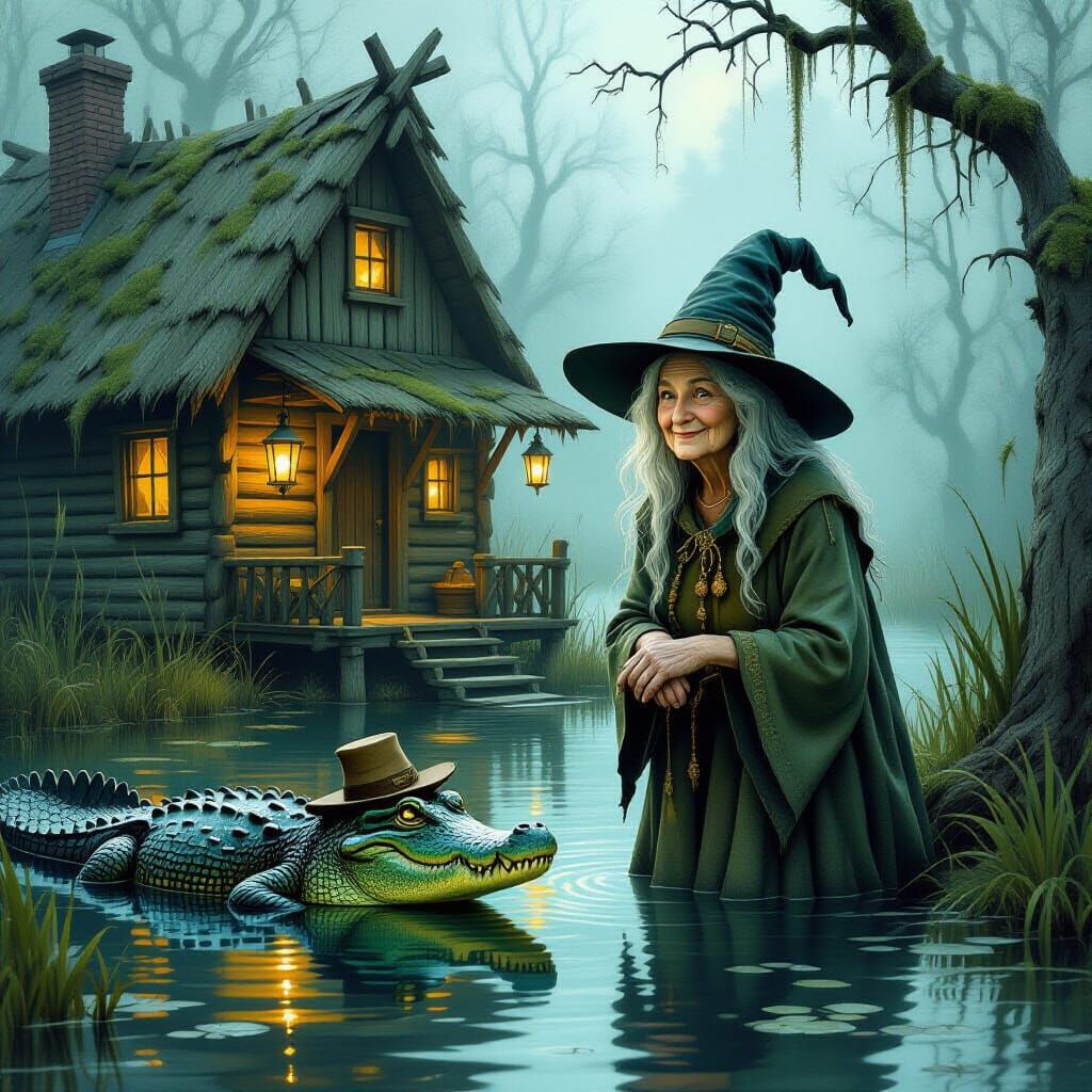 Elderly Witch and Alligator by Misty Swamp Cabin
