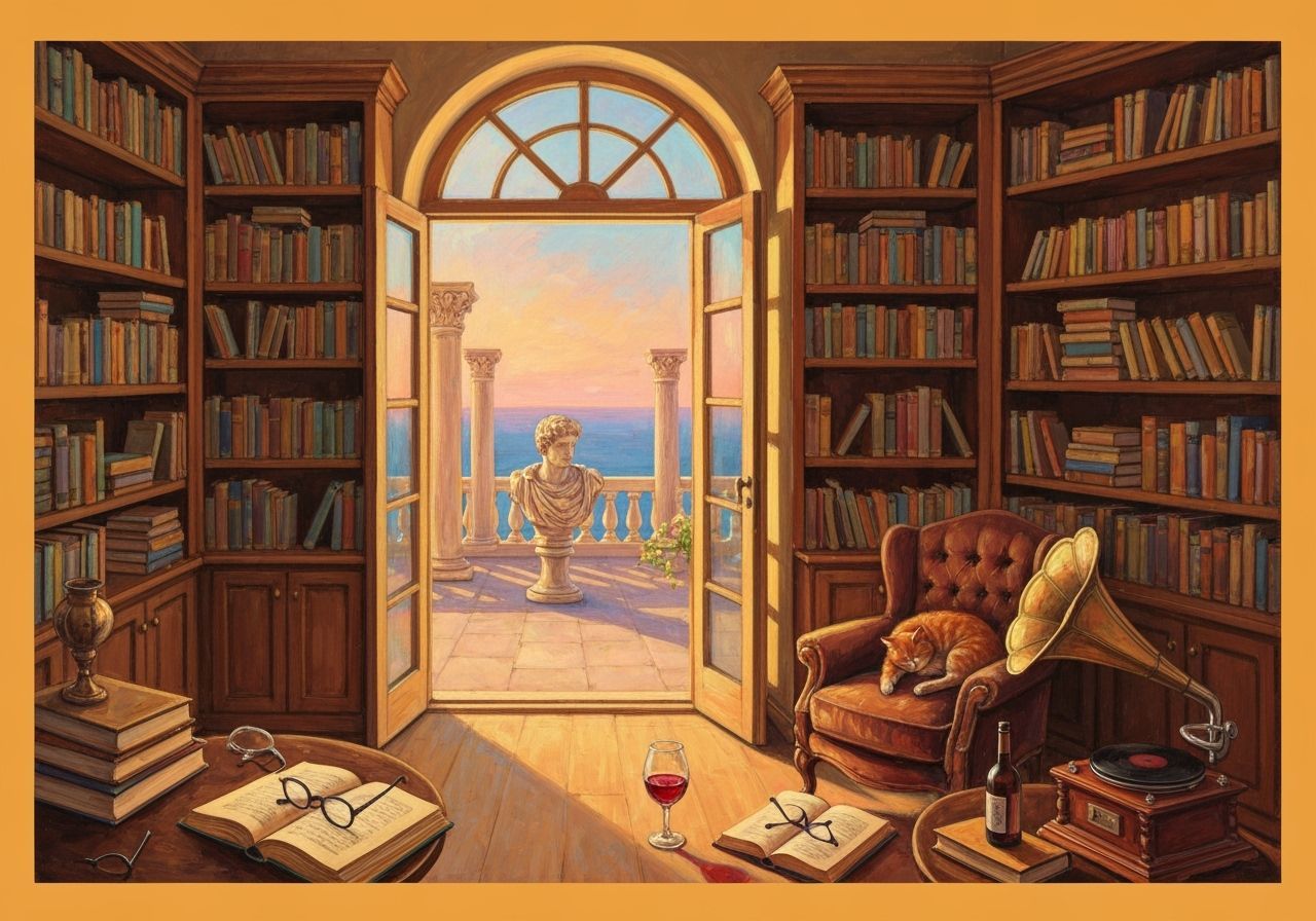 Cozy Library with Sunset View as Acrylic Painting