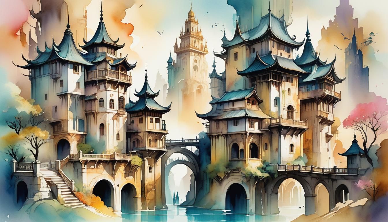 Detailed Fantasy Architecture in Watercolor Ink