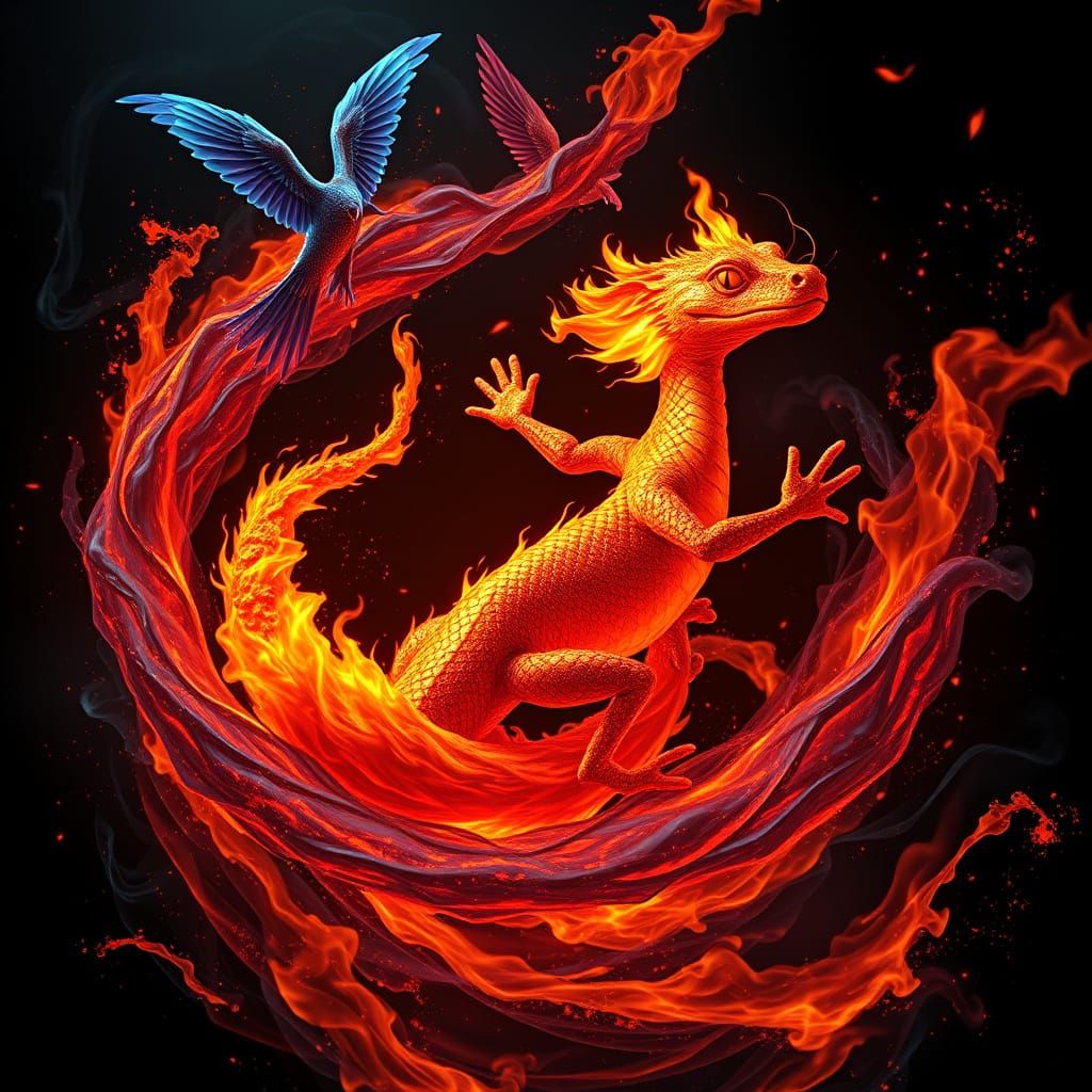 Mythical Fire Salamander in a Surreal Dance of Flames