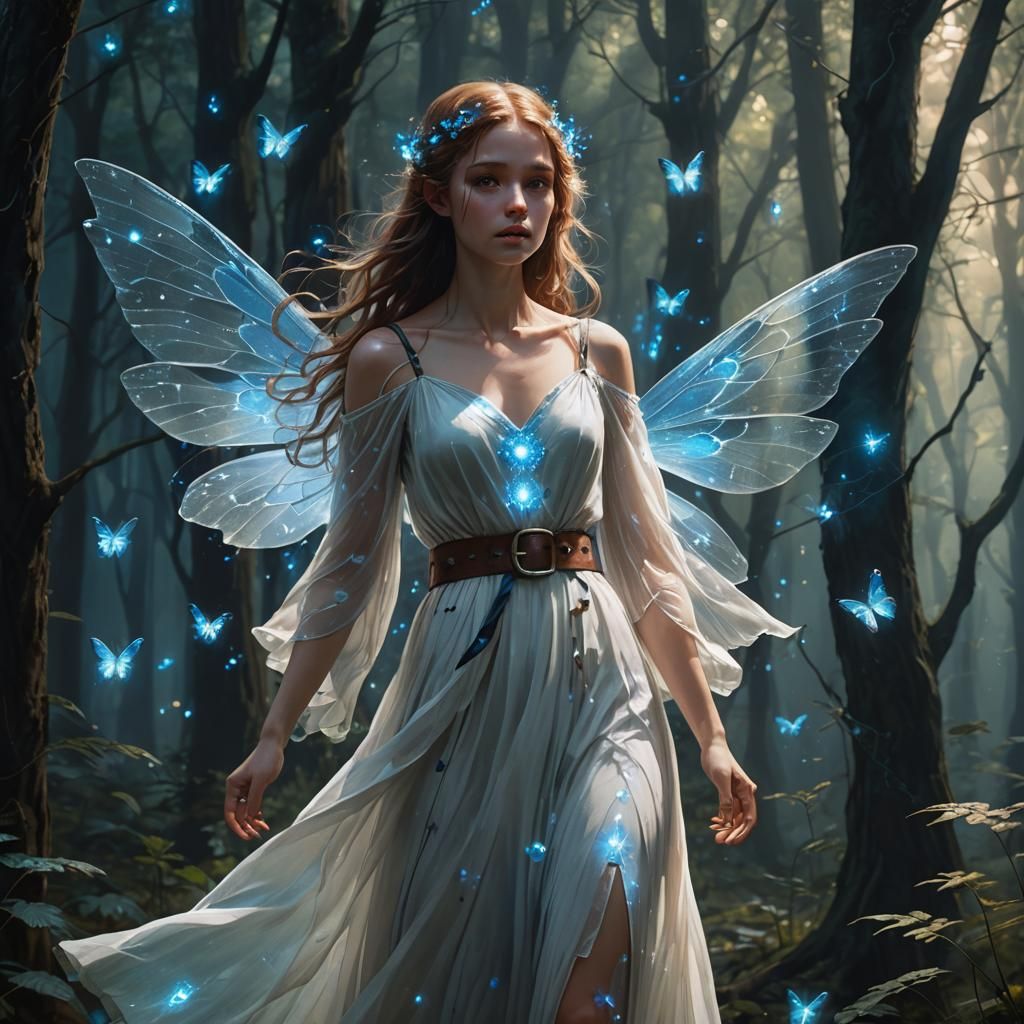 Fairy in Dark Forest with Blue Light Orbs
