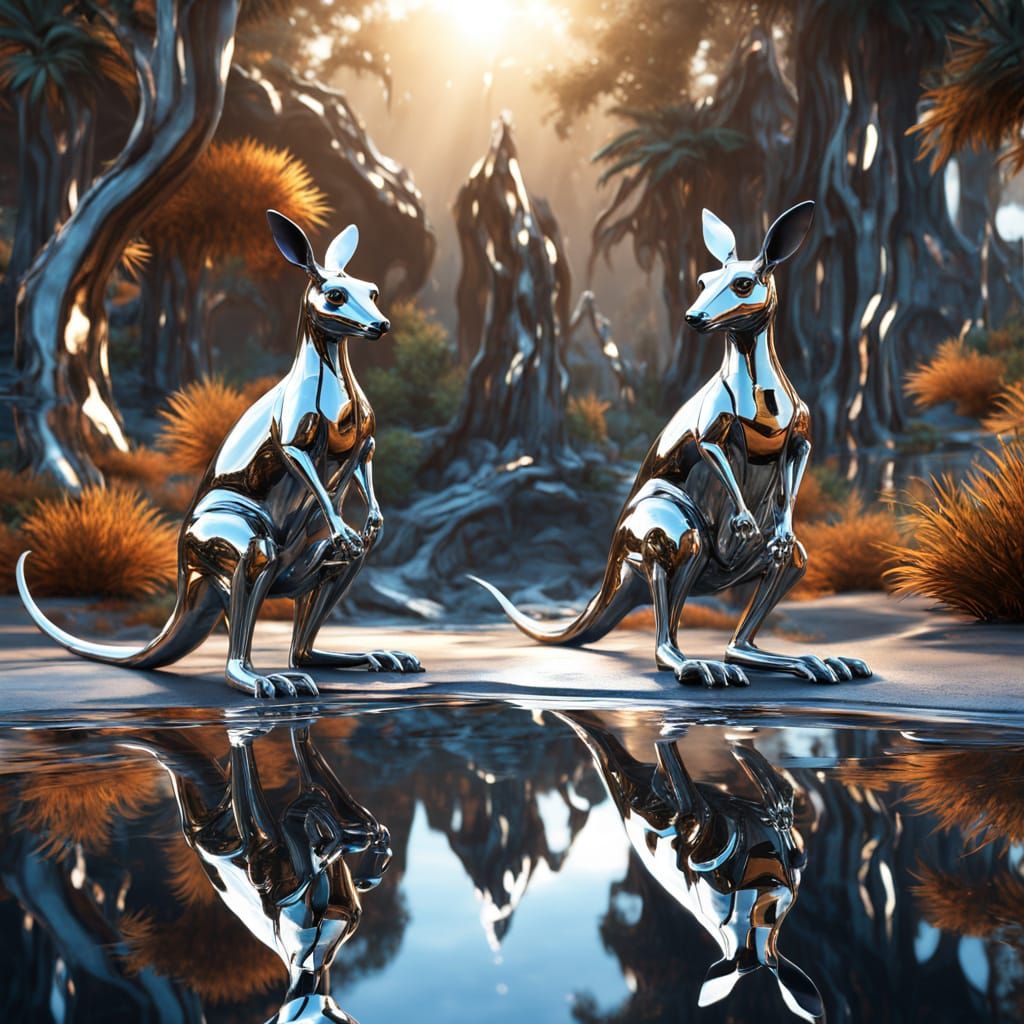 Shimmering Kangaroo Metamorphosis in Futuristic Landscape