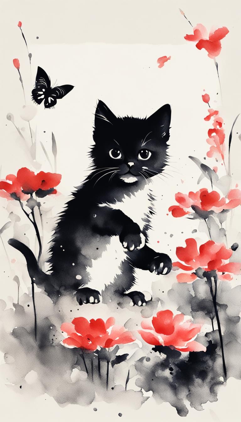 Minimalist Kitten Playing in Flower Garden: Chinese Ink