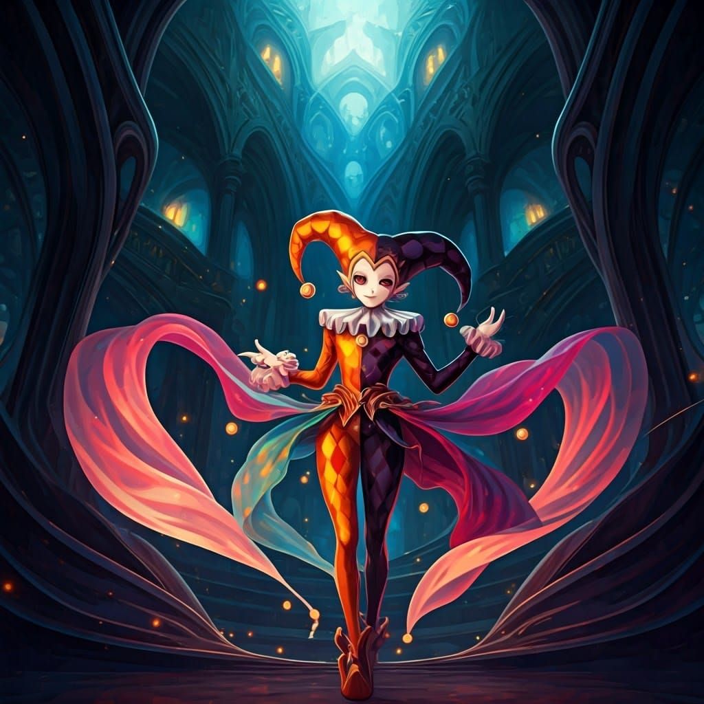 Vibrant Anime Jester in Dreamlike Fantasy Setting