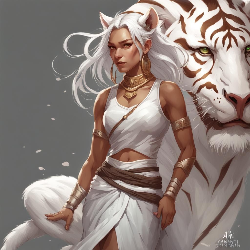 Portrait of a White Tiger Demi-Human in Digital Art Style