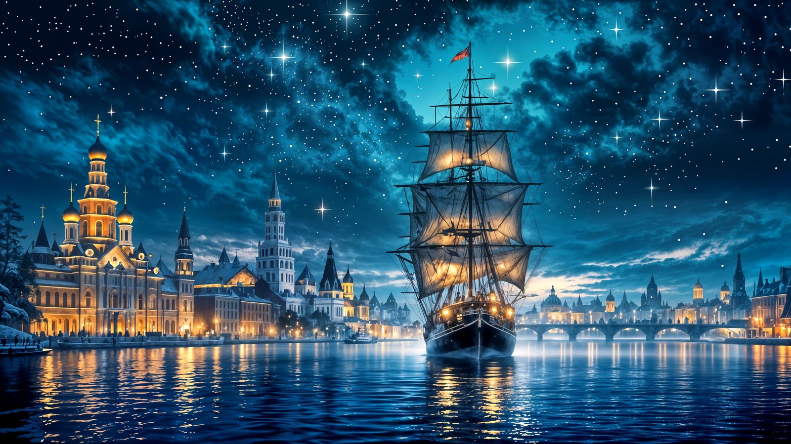 Sleek 18th Century Sailing Frigate Under Starry Northern Cit...