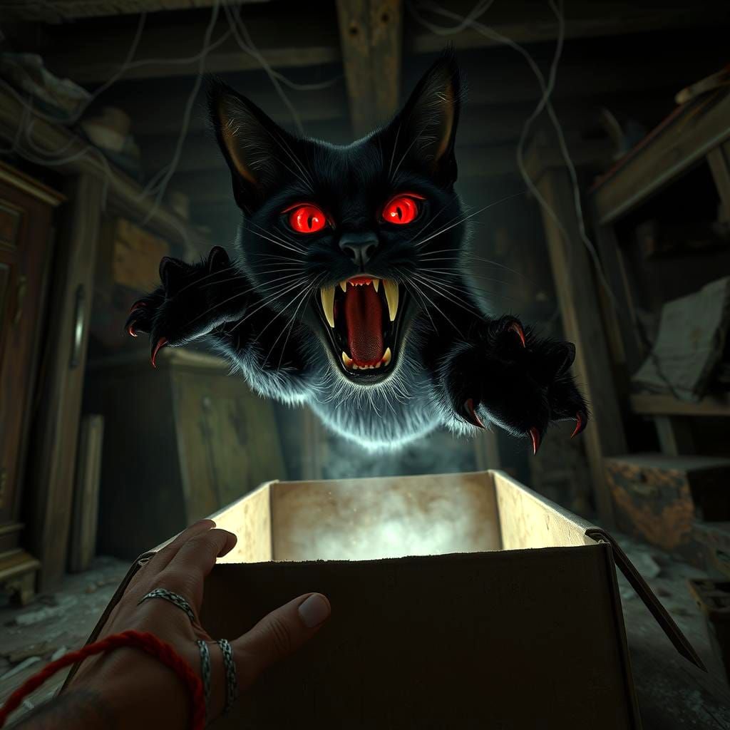 Screeching Black Cat Jumps from Box in Dark Fantasy