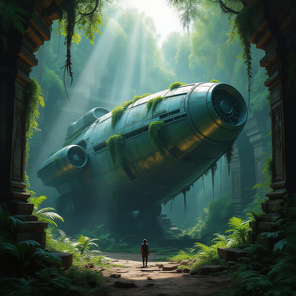 Ancient Space Ship in Jungle Temple, Sunlight Filtering Thro...