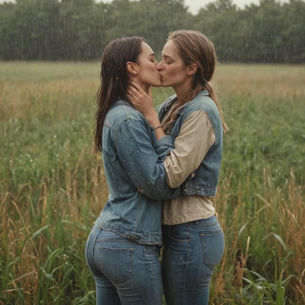 Women Kissing in the Rain: Cinematic Film Still