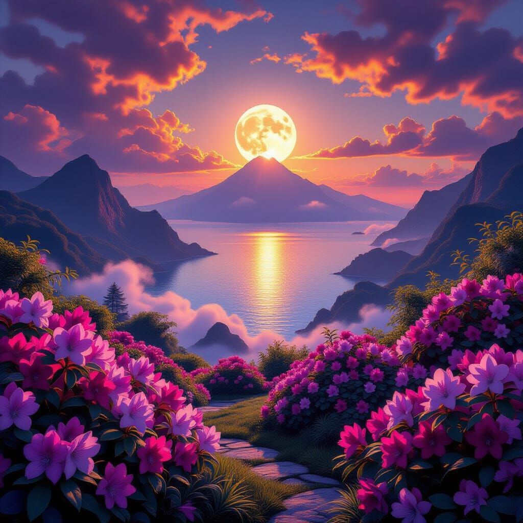 Fantasy Landscape: Moonlit Sunset Over Mountains and Ocean