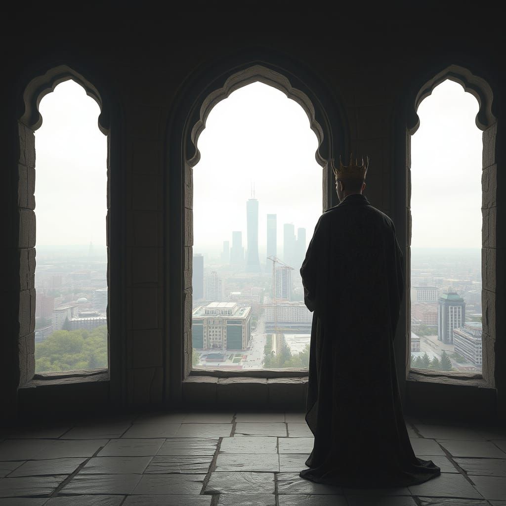 Regal Figure Gazing Out Over Futuristic Metropolis