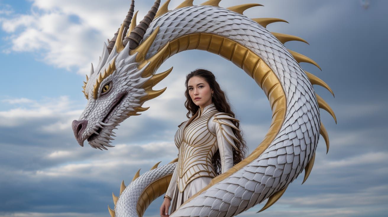 Dragon and Armored Woman in Ethereal Sky