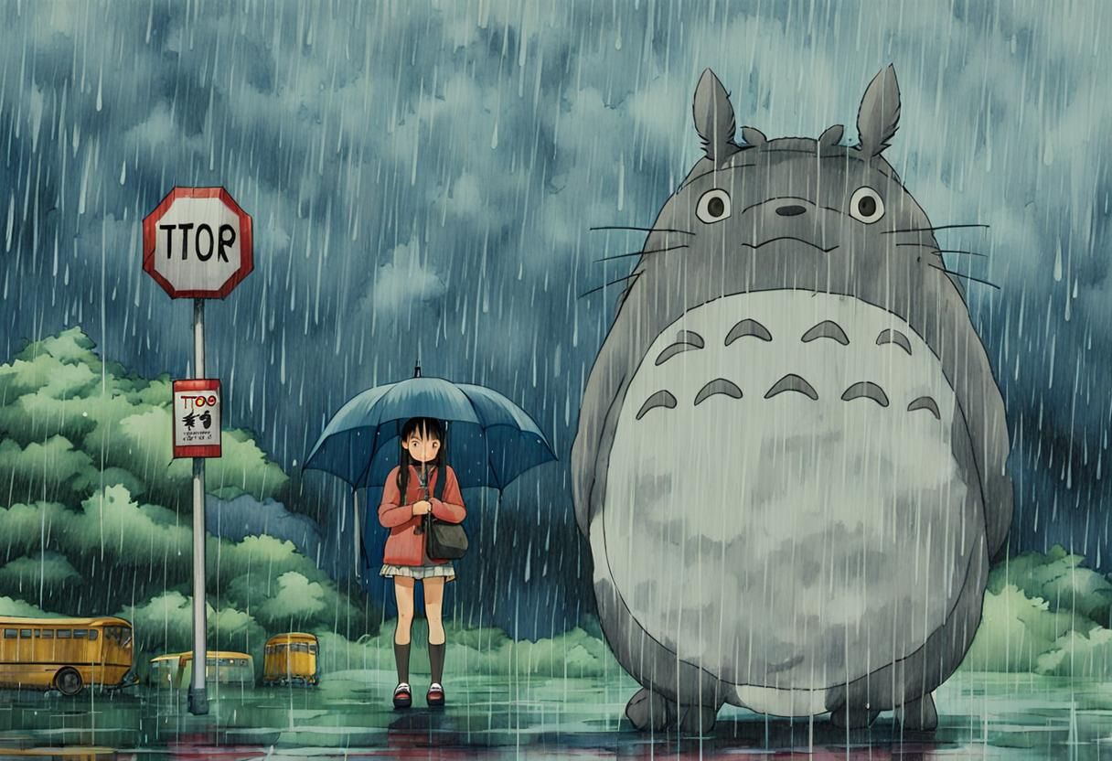 Girl and Totoro at Rainy Bus Stop: Anime-Style Watercolor