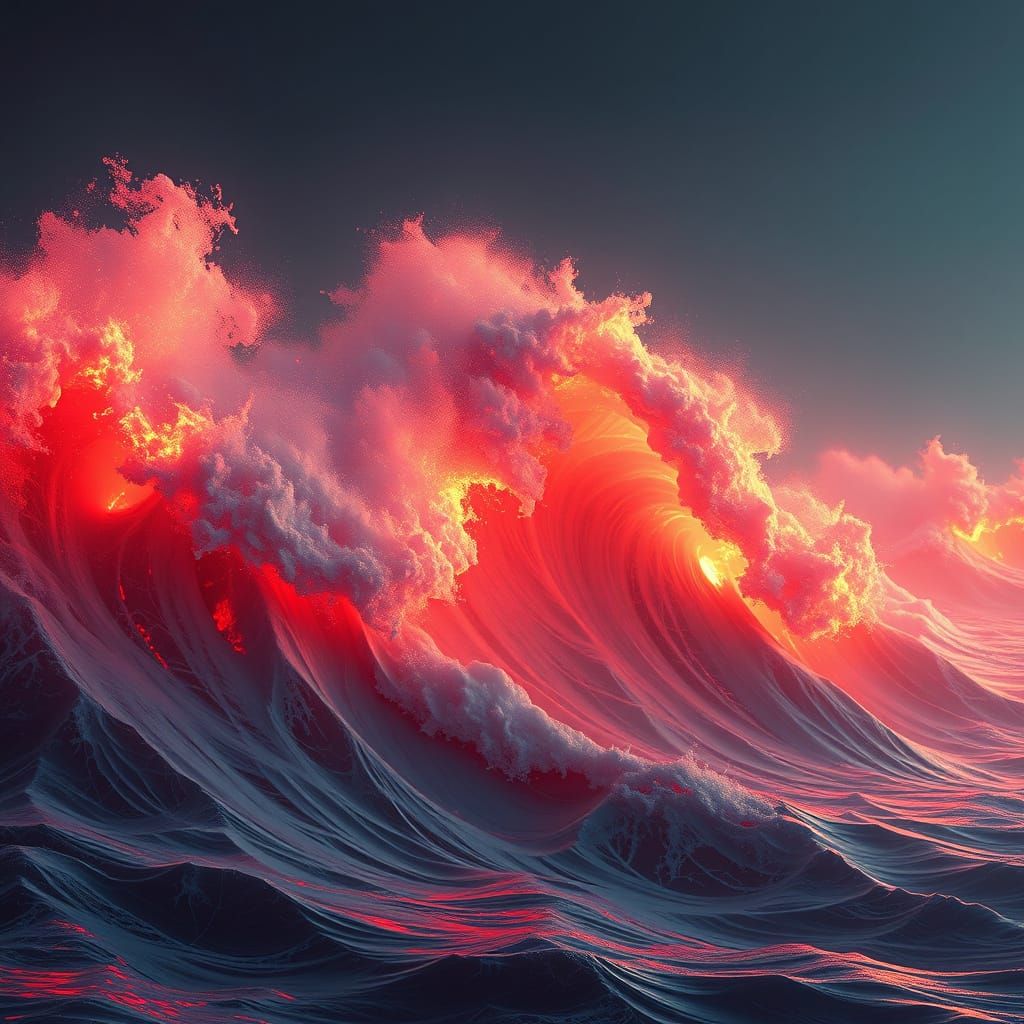 Fire-Red Ocean Waves in Art Nouveau Style