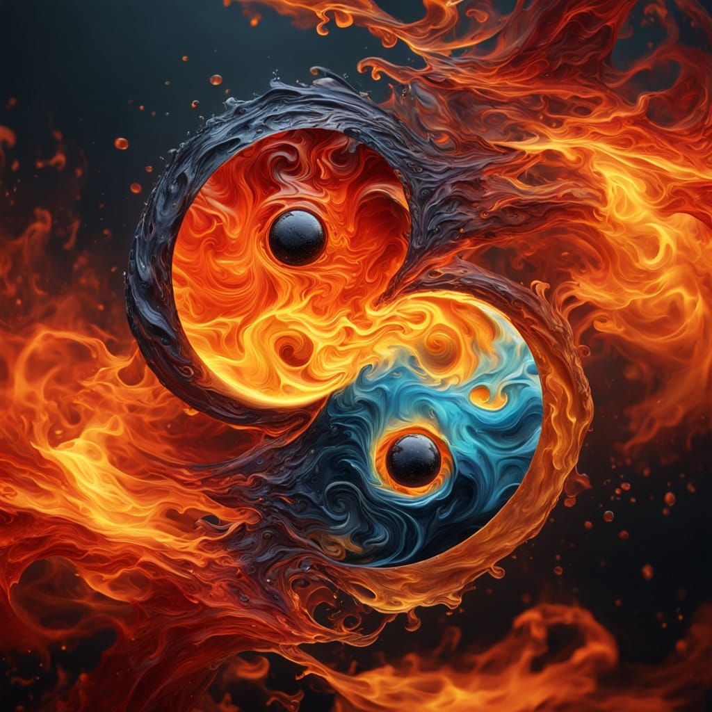 Surreal Oil Painting of Yin Yang Symbol in Water and Fire