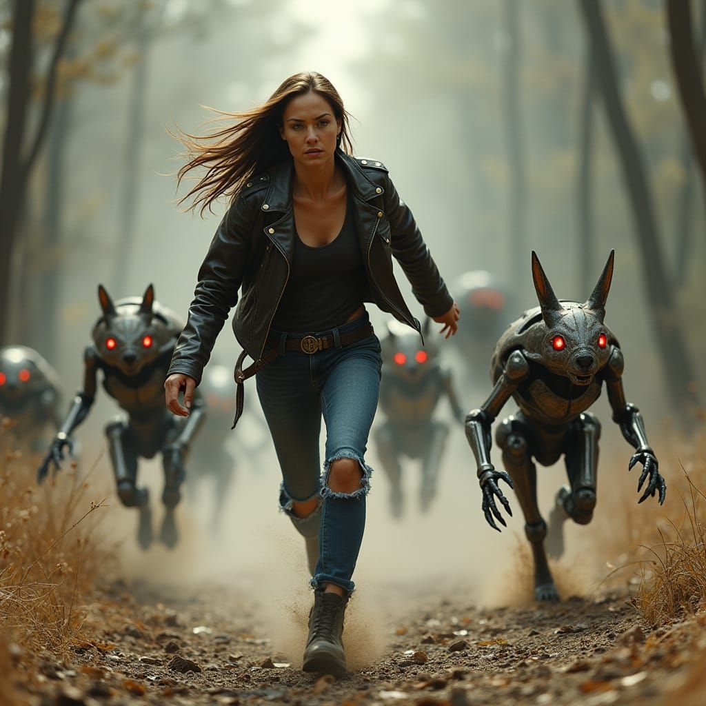 Sarah Connor Runs from Robot Squirrels in Cyberpunk Style