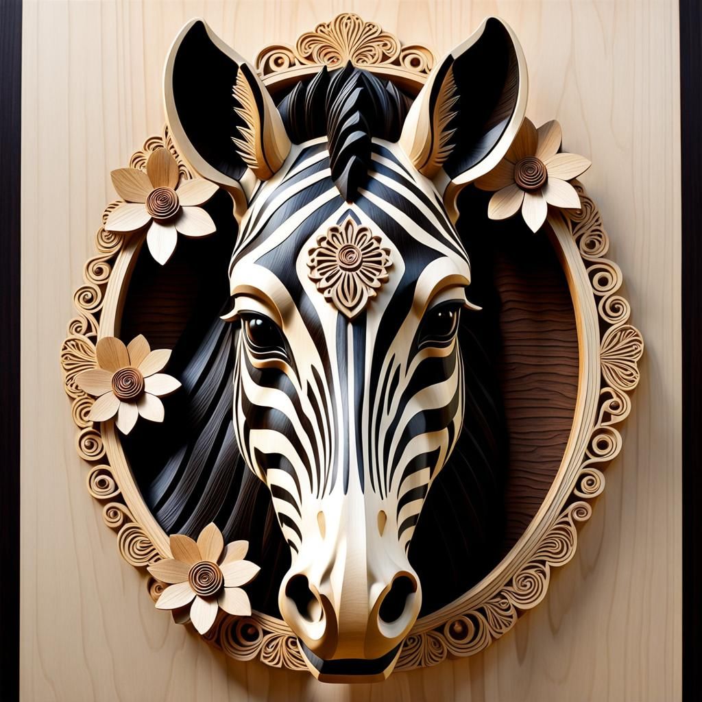 Intricate Wooden Zebra Sculpture with Floral Details