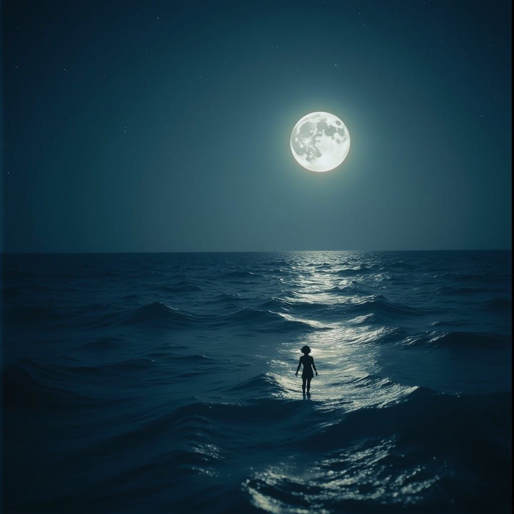 Dreamlike Nocturnal Seascape with Fairy and Full Moon