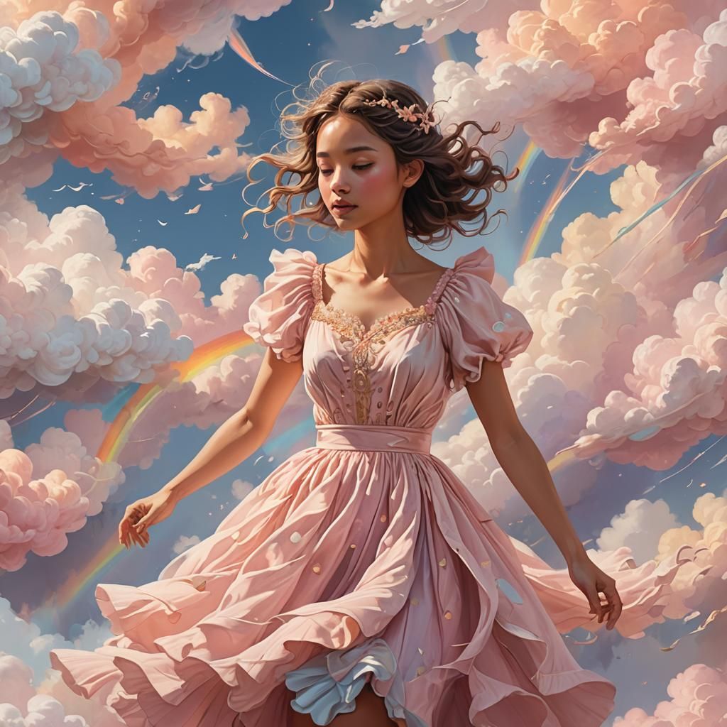 Girl Soaring Through Whimsical Clouds in Fantasy Art