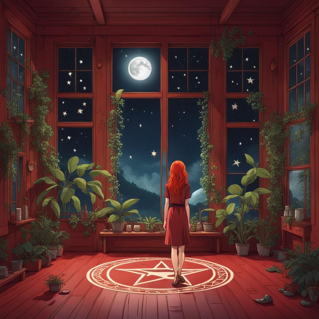 Mystic Redhead Gazing at Signs in Moonlit Room