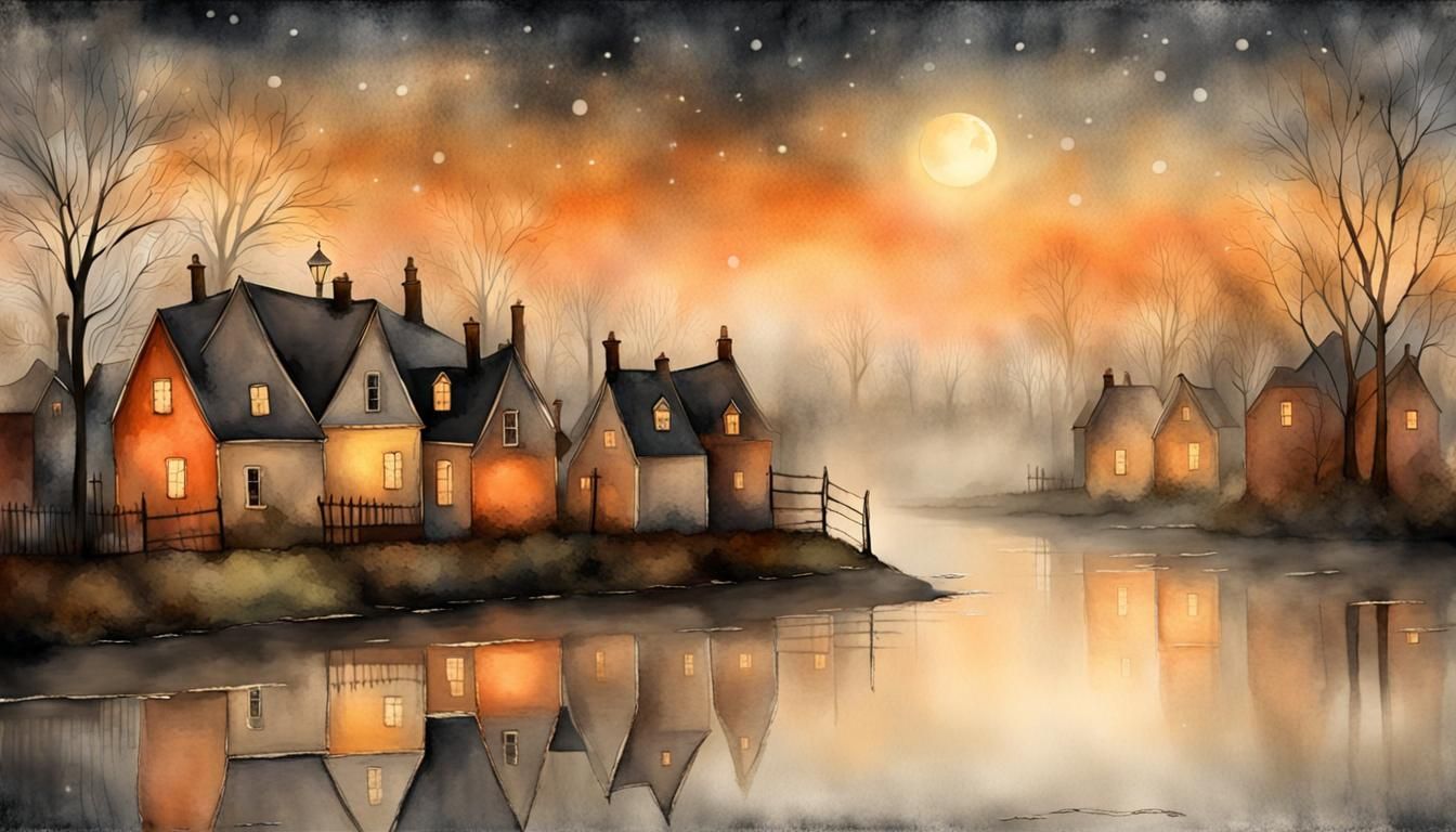 Ethereal Victorian Village Under Starlit Evening Skies
