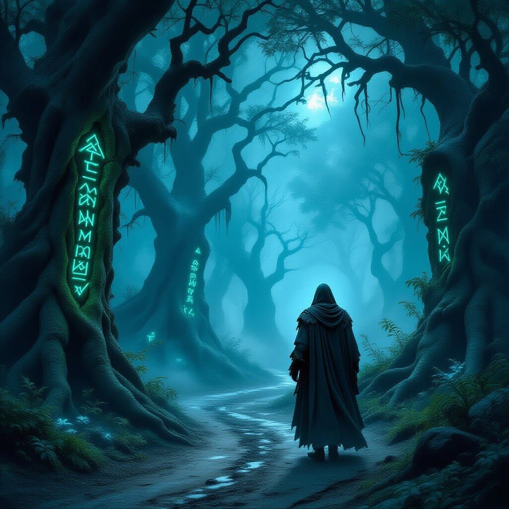 Traveler at Runestone Crossroads in Bioluminescent Forest
