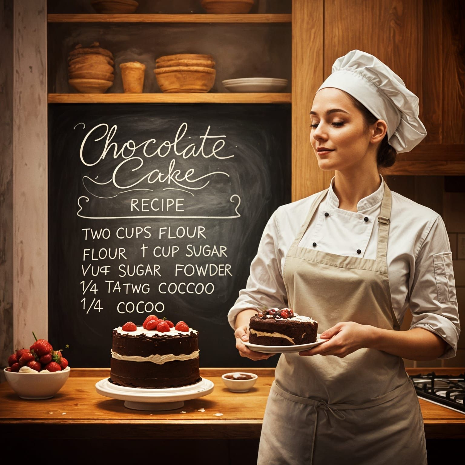Lady Chef's Chocolate Cake Recipe in Gouache Style