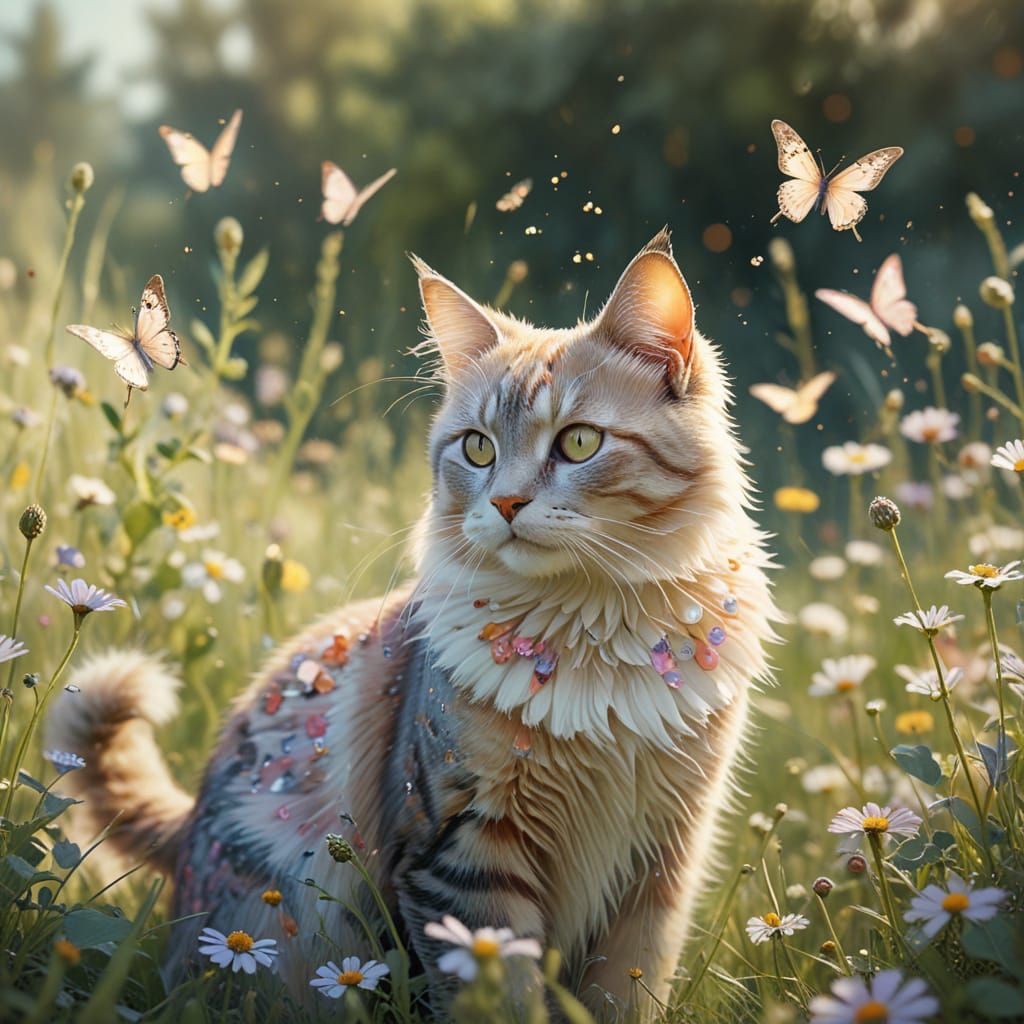 Whimsical Butterfly Cat in a Sunny Meadow