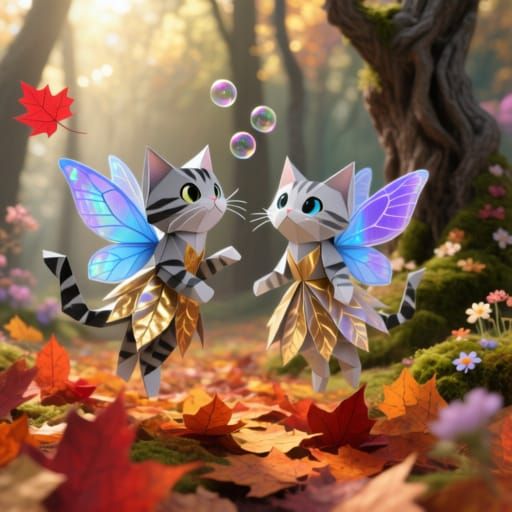 Origami Cat Fairies Fluttering Amidst Autumn Leaves