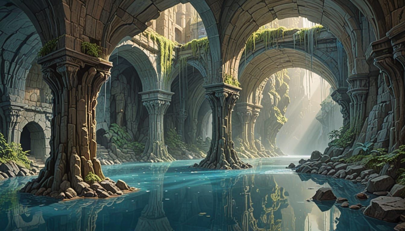 Vast Underground City with Waterfalls in Comic Style