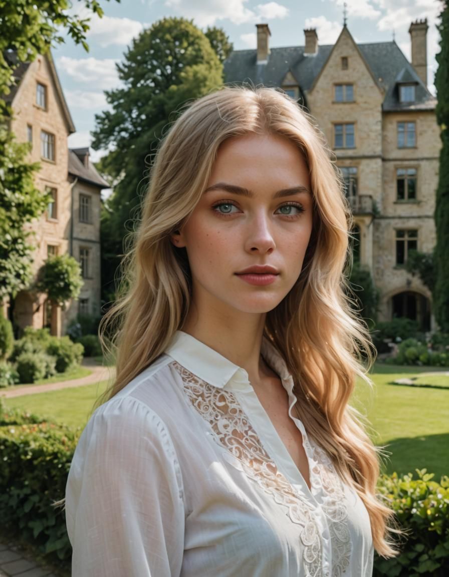 Blonde Woman Portrait with Manor House