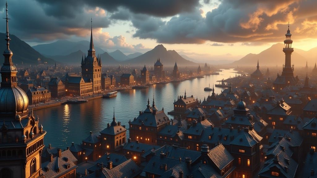 Steampunk Harbor City at Dusk in Cinematic Style