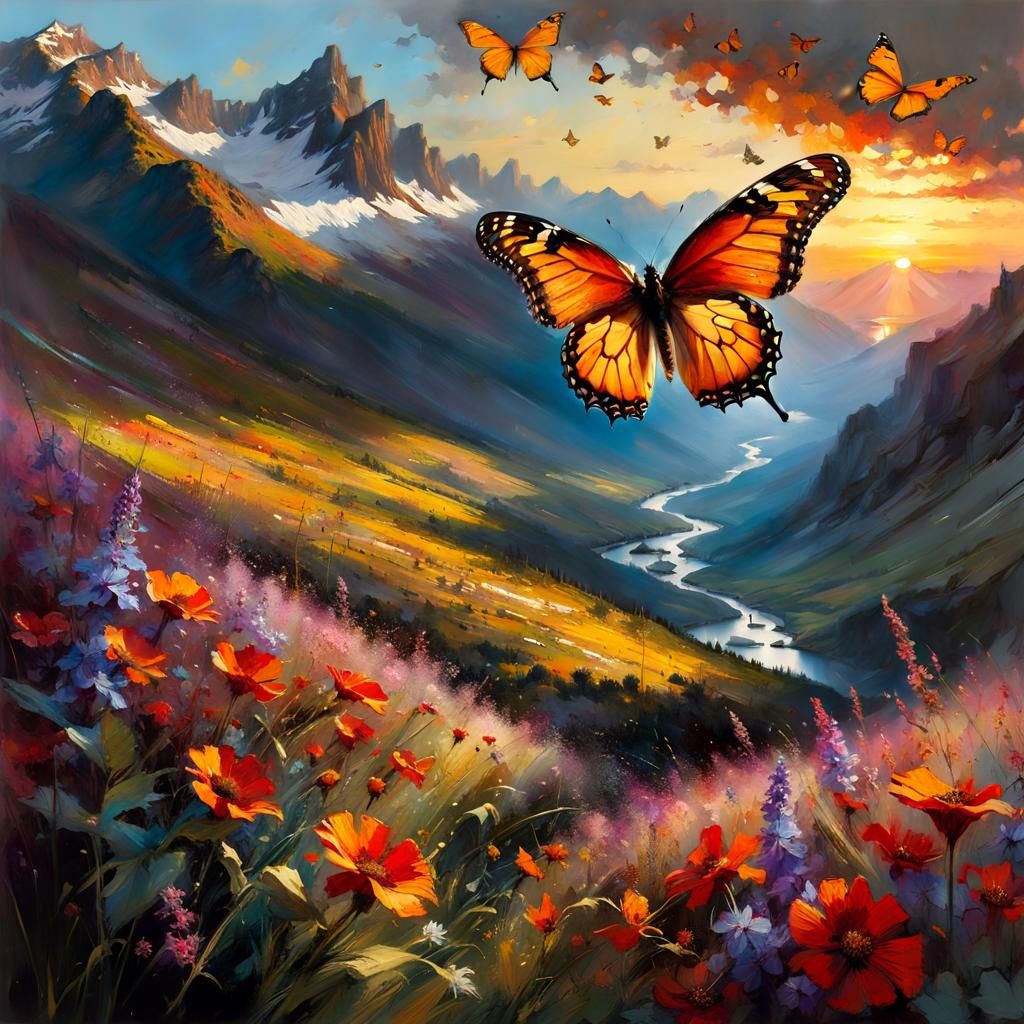 Butterfly in Mountain Sunset: Detailed Matte Painting