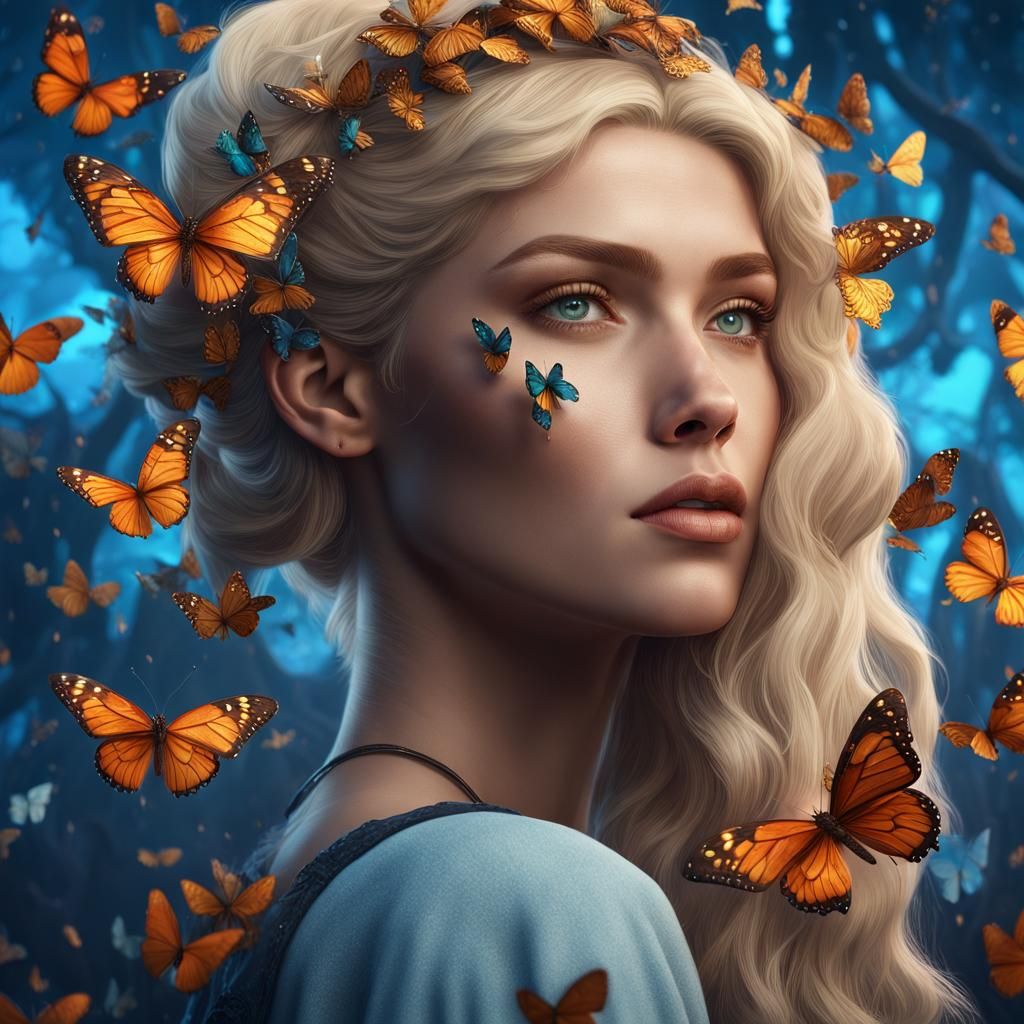 Blonde Girl with Butterfly Hair in Vibrant Fantasy World
