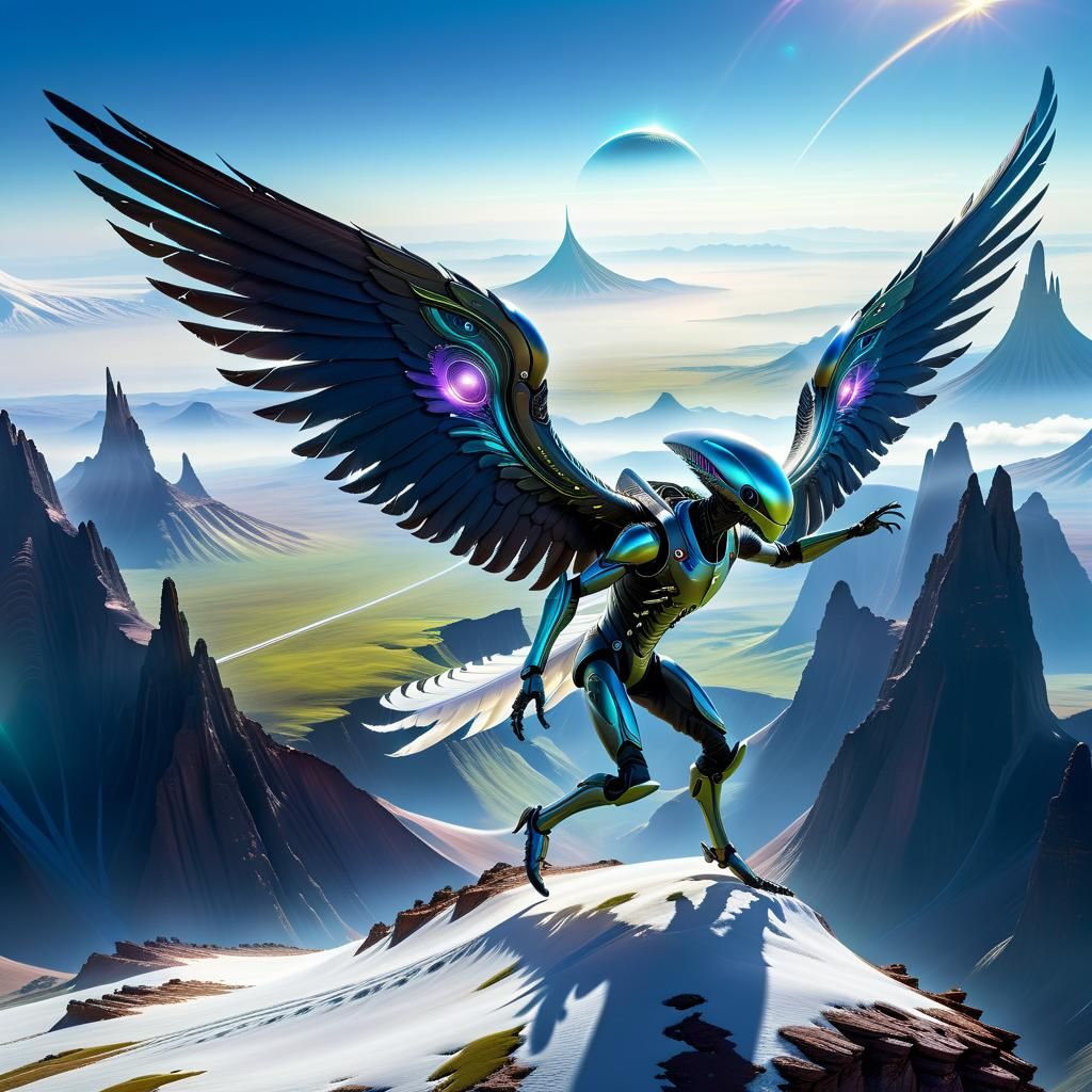 Hyperrealist Alien Gliding Above Alien Landscape