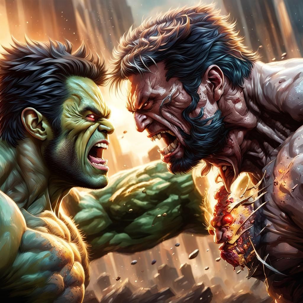 Brutal Battle: Wolverine vs. Hulk in Hyperrealistic Style