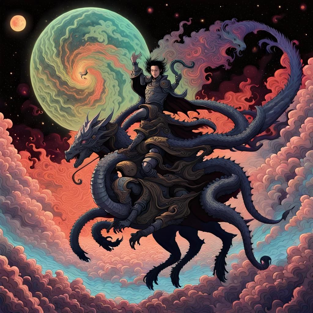 Cosmic Knight Riding Dragon in Psychedelic Art Style
