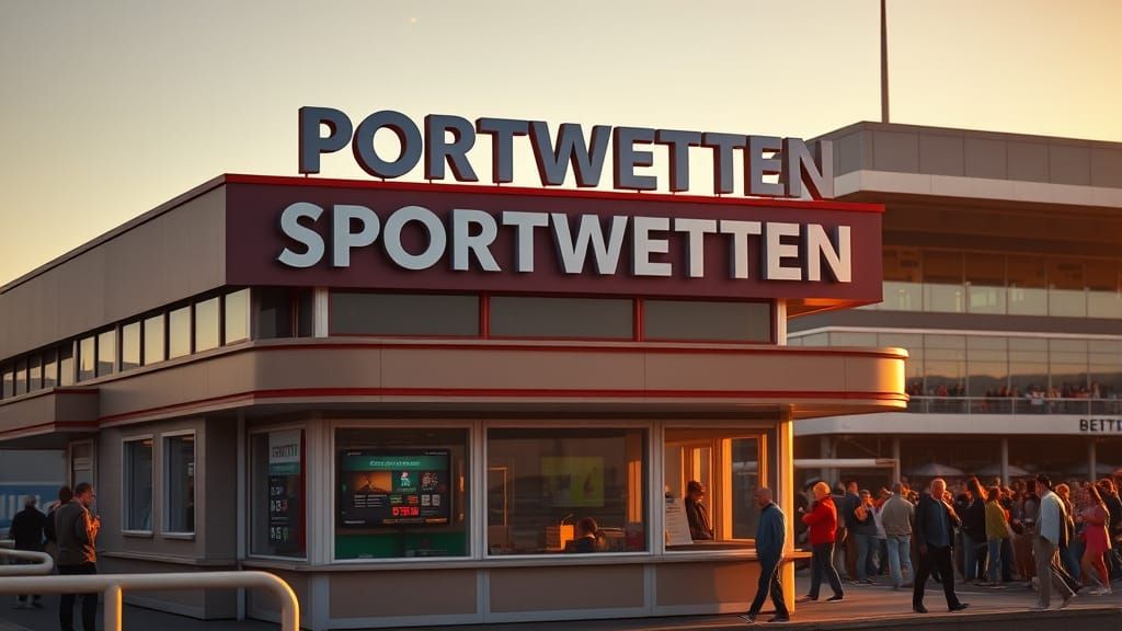 Bustling Racetrack Betting Counter at Golden Hour