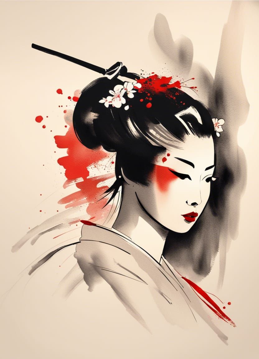 Minimalist Sumi-E Ink Geisha with Katana