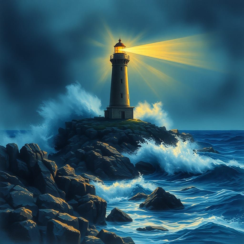 Dramatic Coastal Lighthouse at Night as Digital Art
