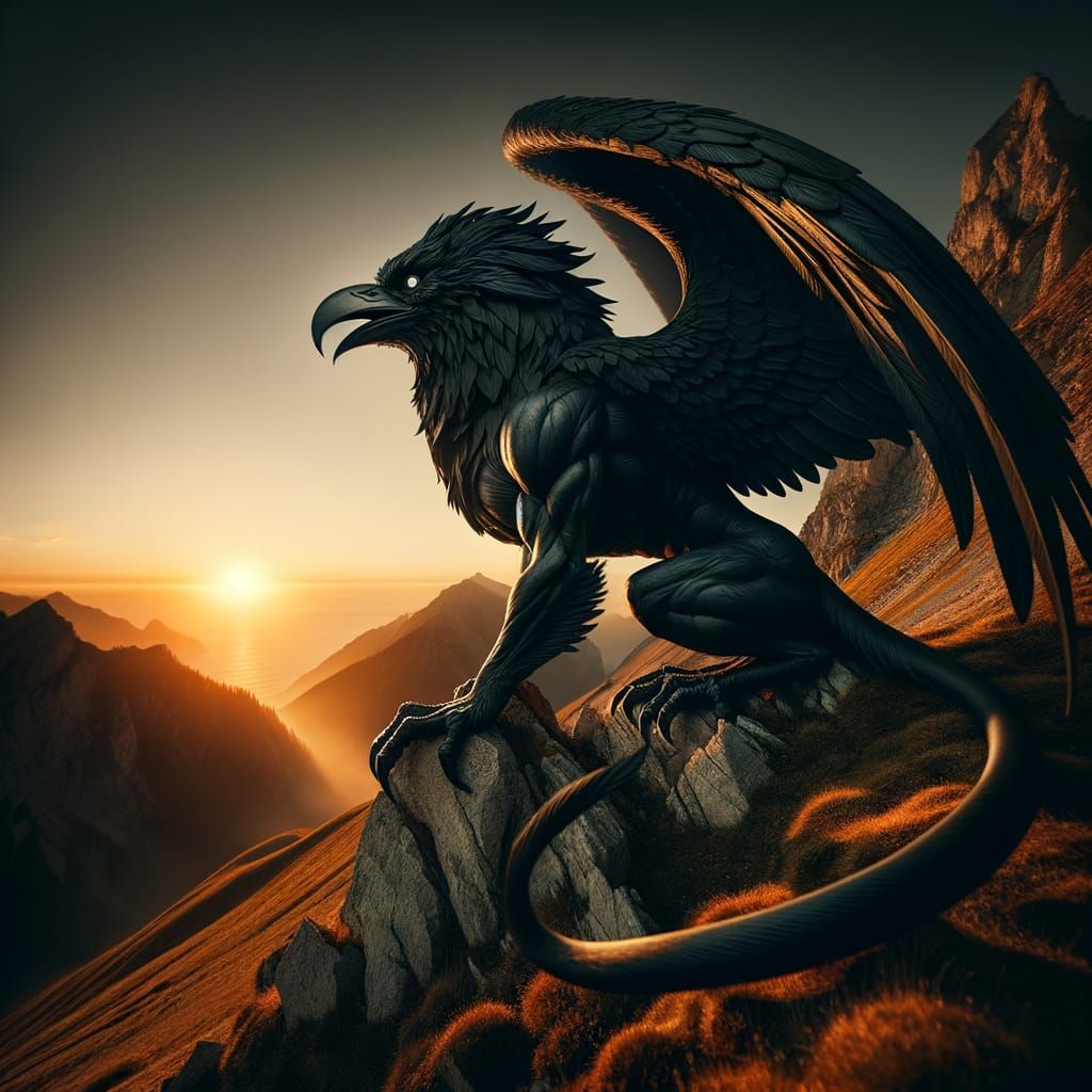 Raven-Lion Hybrid Perched on Mountain Peak