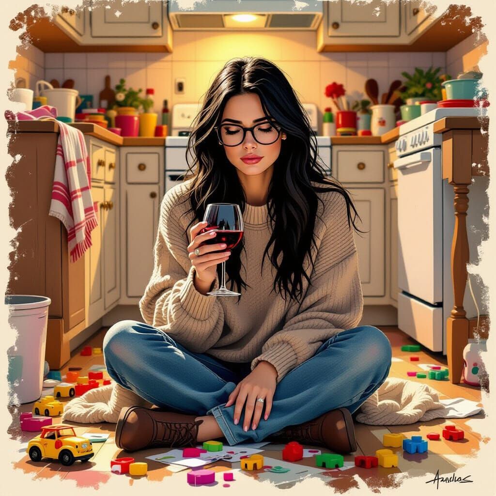 Exhausted Mother with Wine Glass in Kitchen Chaos