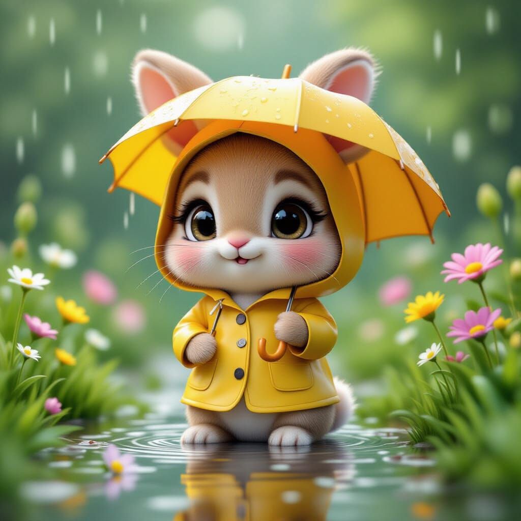 Cute Chibi Bunny in Yellow Raincoat with Umbrella